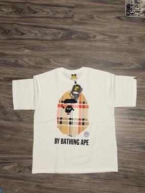 Bape White Tee with Beige Plaid Ape Head Graphic